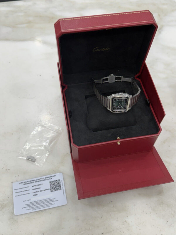 57_e985d9e6-3c3c-48ef-846f-fa9c1c1a117f Cartier Santos Stainless Steel Green Dial 35mm Automatic Men’s Watch WSSA0061