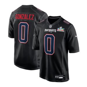 Men's New England Patriots #0 Christian Gonzalez Black Super Bowl LX Patch Carbon Fashion Game Jersey